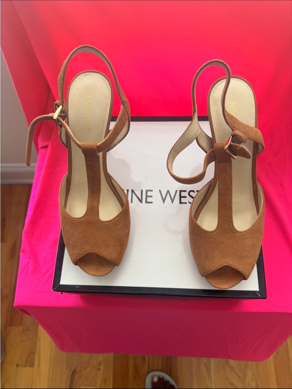 Nine West Tan Suede T-Strap Peep-Toe Heels